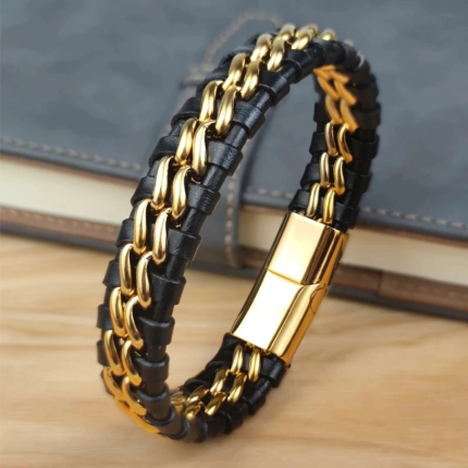 Pulsera de Cuero Genuino y Acero Inoxidable 316L – Estilo Masculino con Carácter