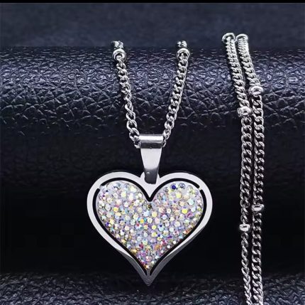Collar Corazón con Brillantes de Acero Inoxidable 316L