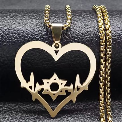 Collar Corazón con Estrella de David y Latido acero inoxidable 316L Bañado en Oro