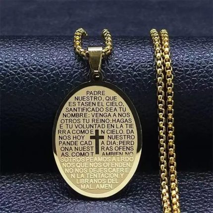 Collar Ovalado "Padre Nuestro" en Acero Inoxidable 316 con baño de oro 18k