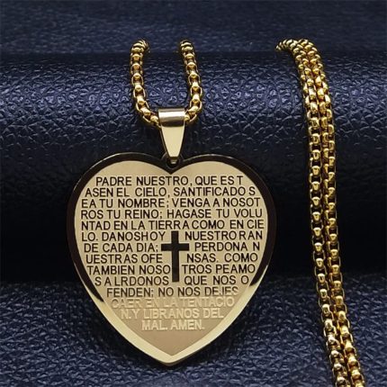 Collar Corazón "Padre Nuestro" en Acero Inoxidable 316L con baño de oro 18k